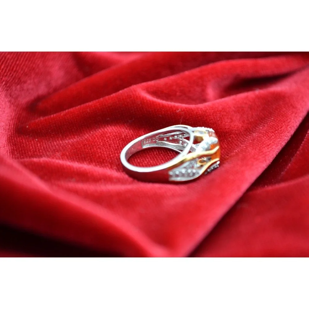 Vintage Sterling Silver Citrine Cubic Zirconia Floral Ring Two Tone Gold Size 7